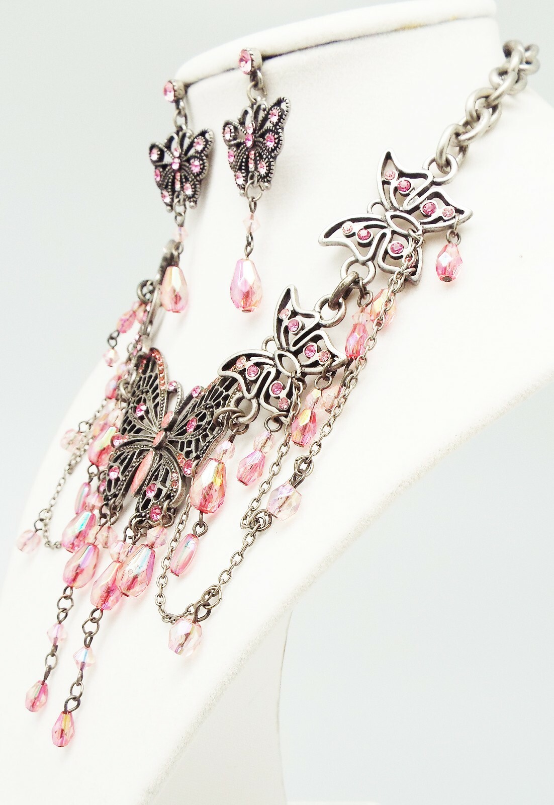 DESIGNER INSPIRED 17 in PINK A/B MULTI CRYSTAL ENAMEL BUTTERFLY JEWELERY SET NEW