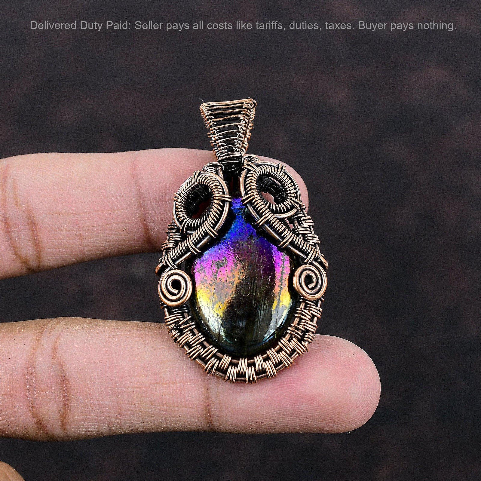 Oval Mystic Fire Labradorite Gemstone Copper Wire Wrapped Wife Artisan Pendant