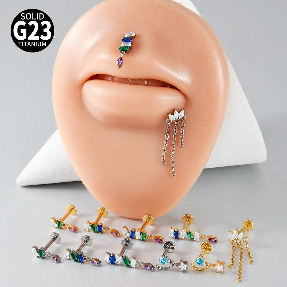 G23 Titanium Cartilage Stud Earring 16G Star/Chain Drop Labret Stud Ear Piercing