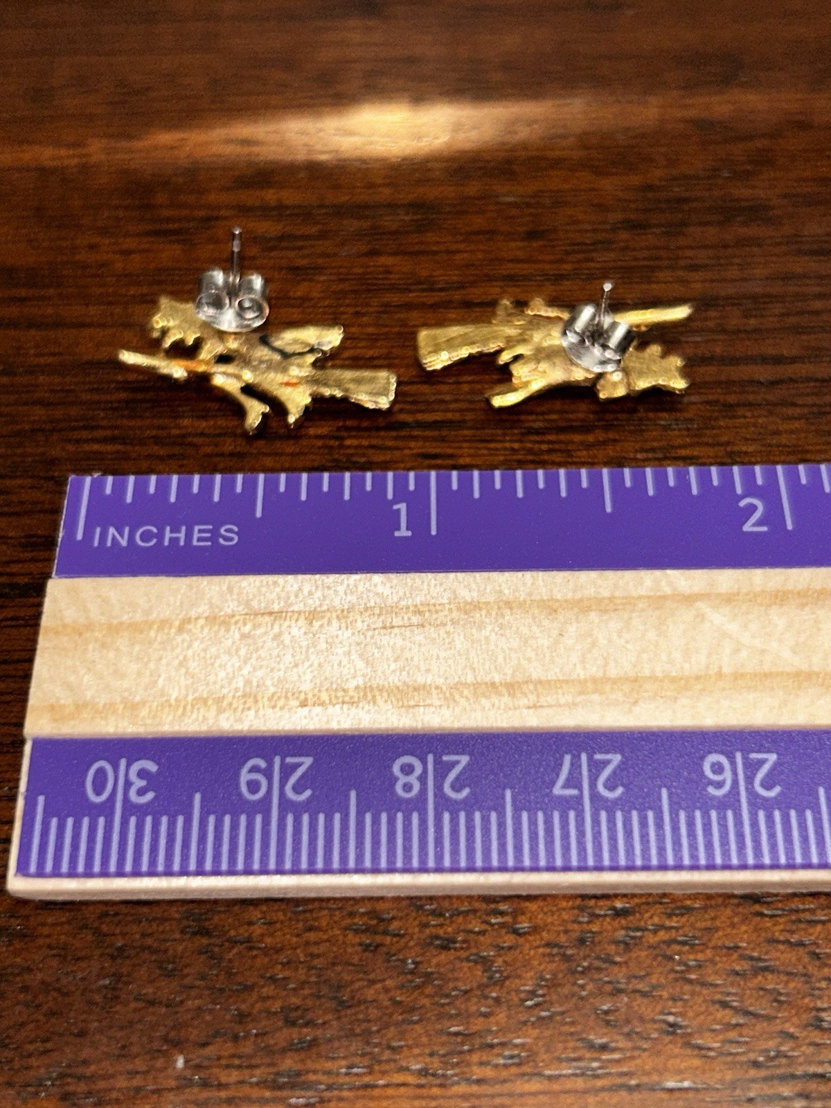 Vintage Witches On Brooms Halloween Post Earrings Pierced Unsigned Goldtone