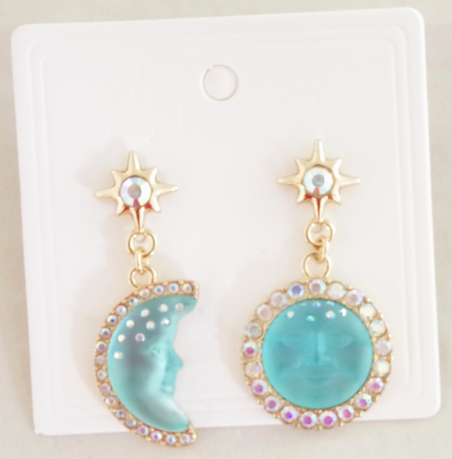 2″ KIRKS FOLLY BLUE SEAVIEW MOON FACE AB CRYSTAL RHINESTONE DROP DANGLE EARRINGS