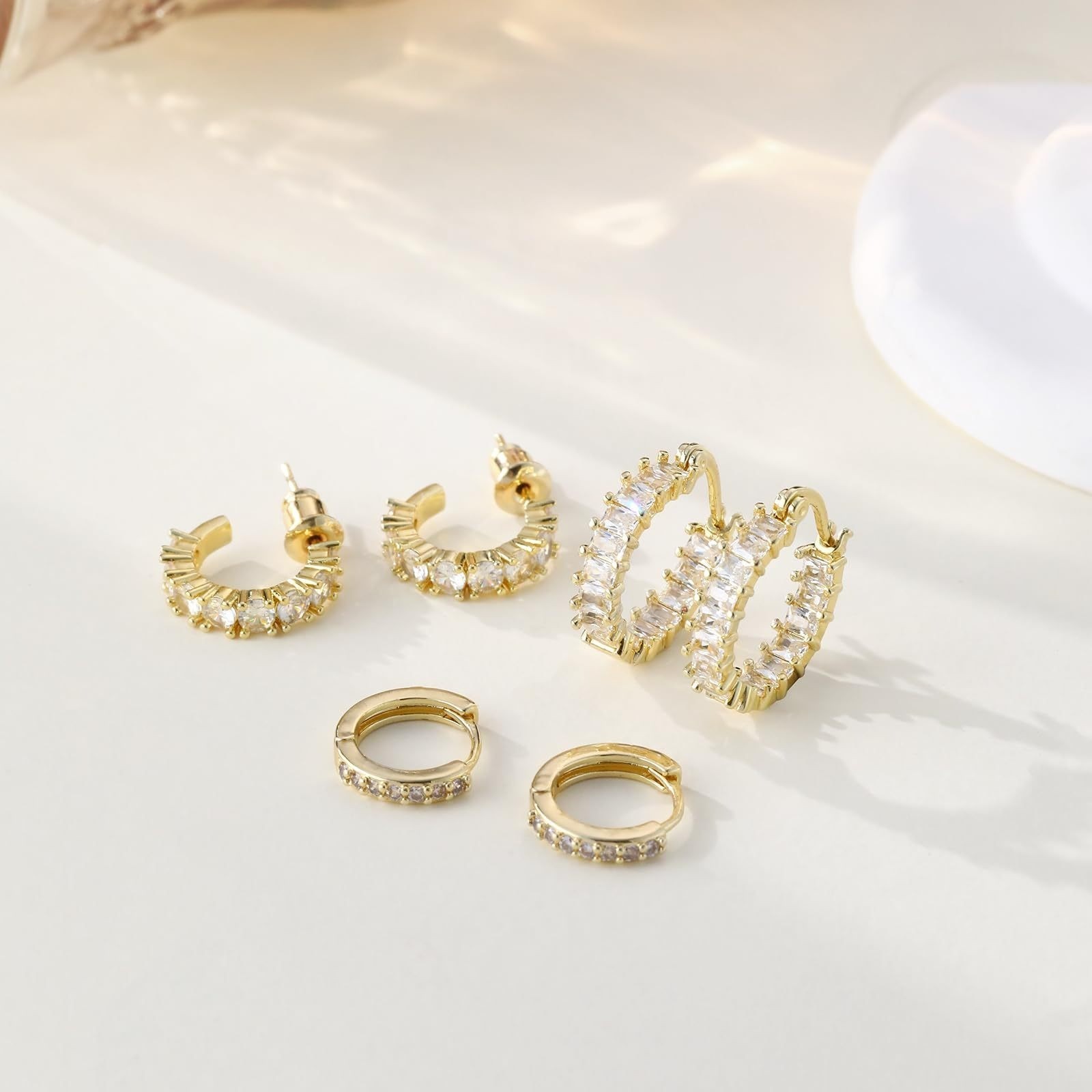 Cubic Zirconia Mini Huggie Hoop Earring Set Thick Small Pointed Dome Fashion Dai