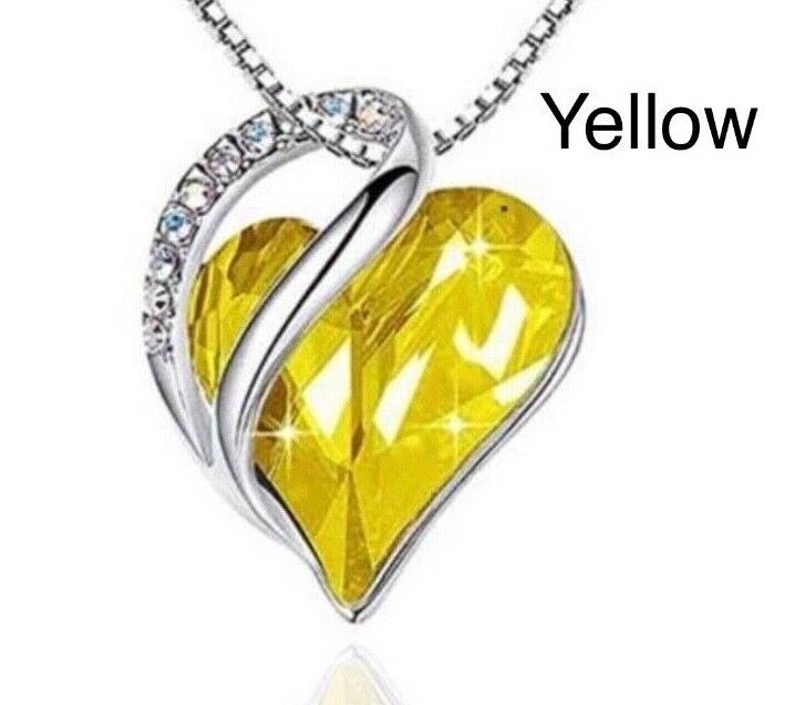 Women Birthstone Heart Silver Necklace Love Crystal Pendant Lady Fashion Gift