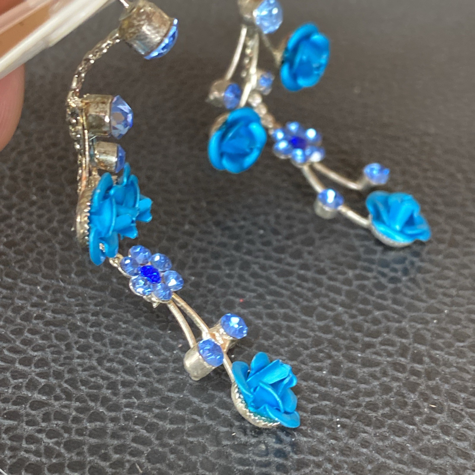 Faceted Blue Rhinestone Retro Aluminum Rose Dangle Silvertone Flower Earrings
