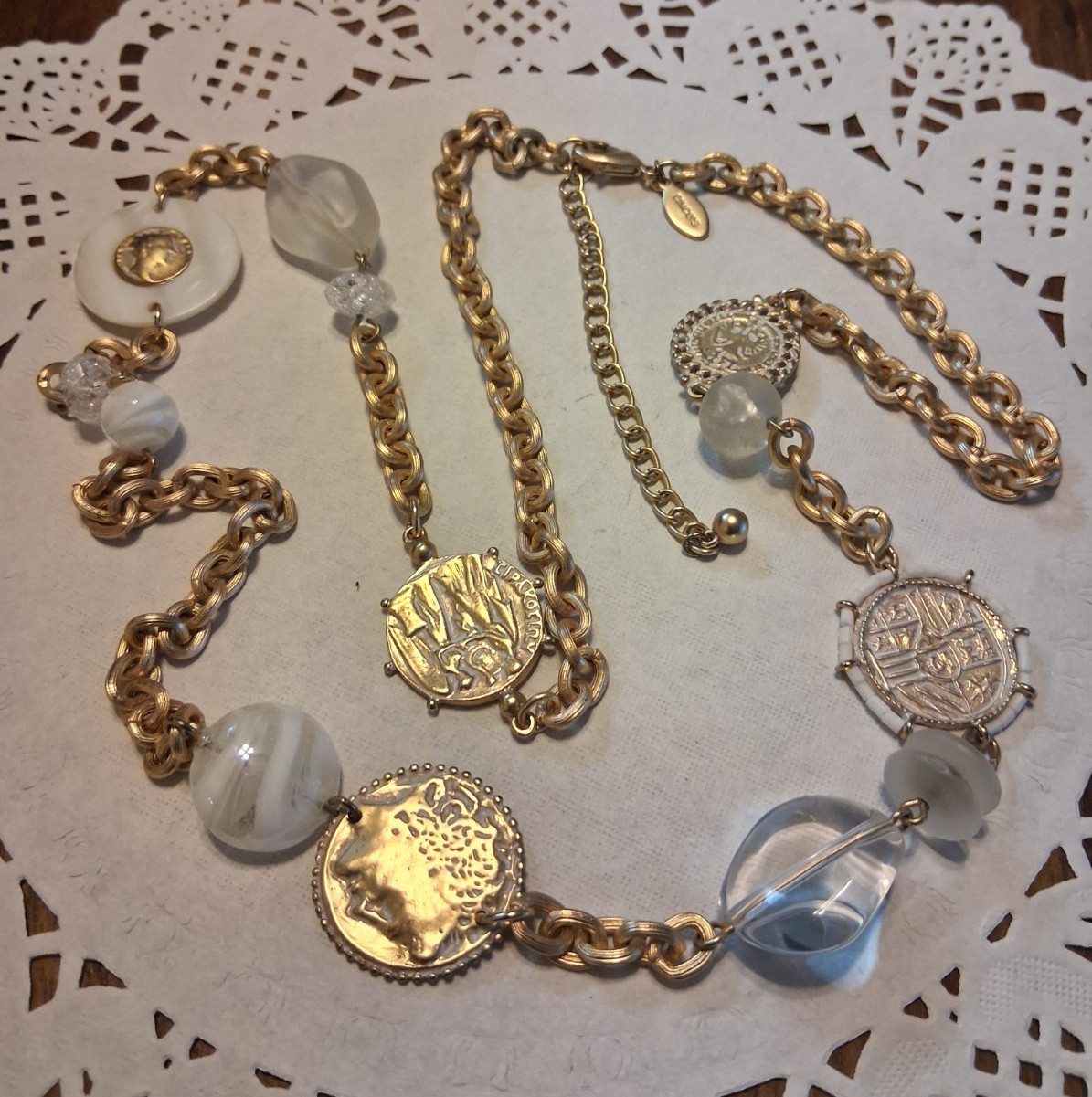 Chico’s Gold Tone Round Link Chain Coin Pendant Necklace White Beads Signed