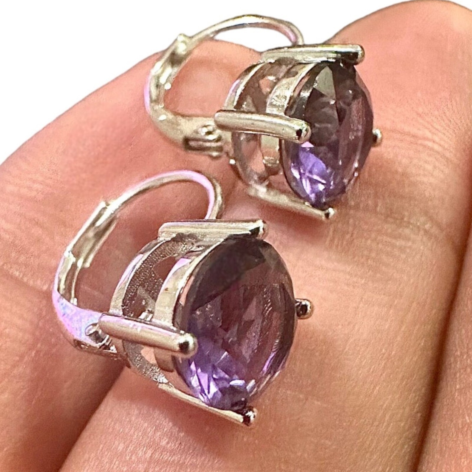 Amethyst CZ Leverback Earrings 6mm Silver Plated Purple Drop Earrings