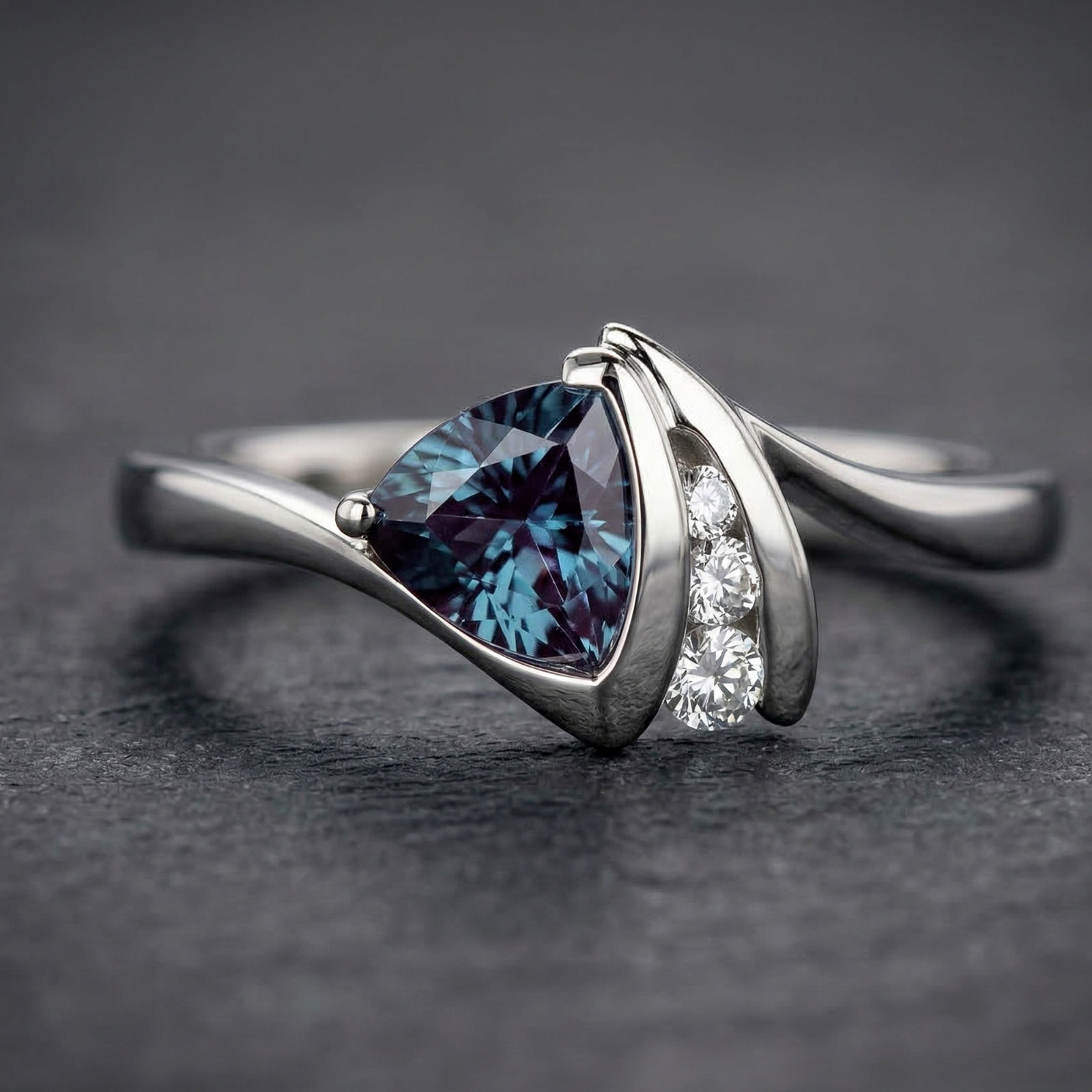 925 Sterling Silver Trillion Cut Alexandrite & CZ Accents Ring, June Birthstone