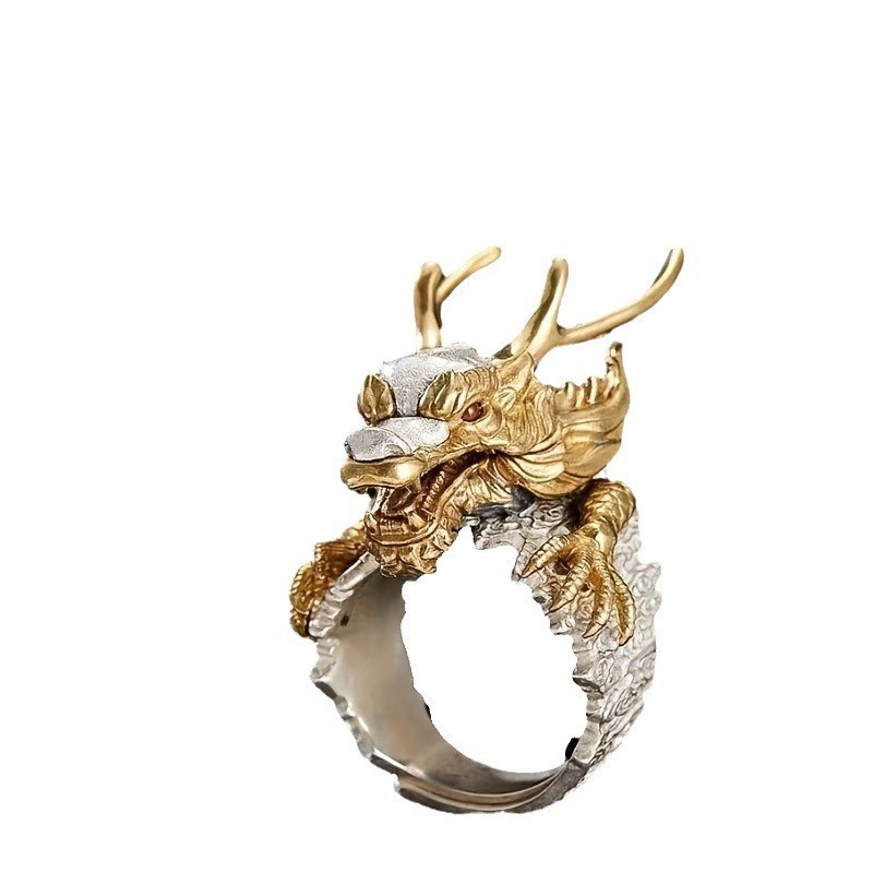 Vintage Style Chinese Style Dragon Adjustable Ring Men Open Finger Ring
