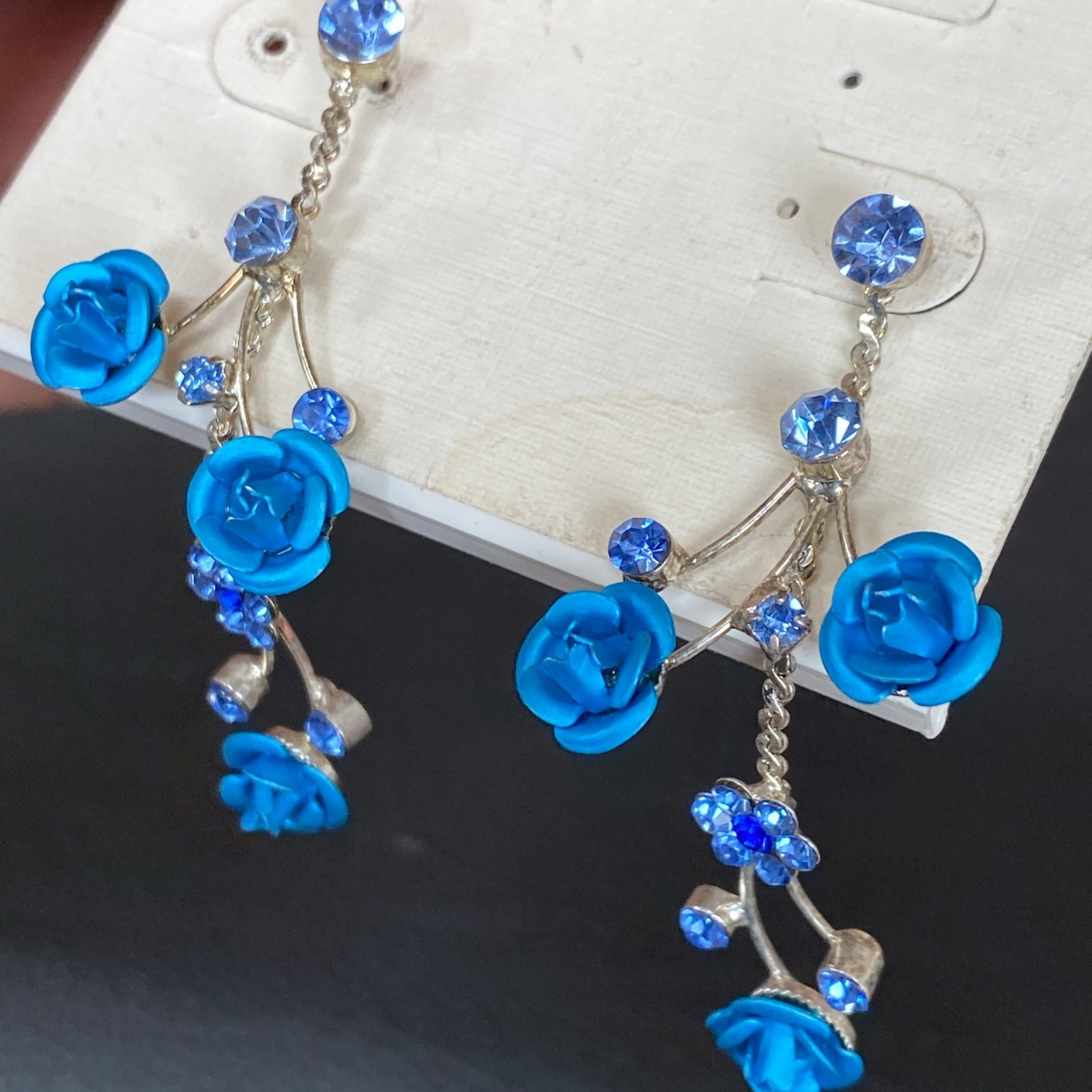 Faceted Blue Rhinestone Retro Aluminum Rose Dangle Silvertone Flower Earrings
