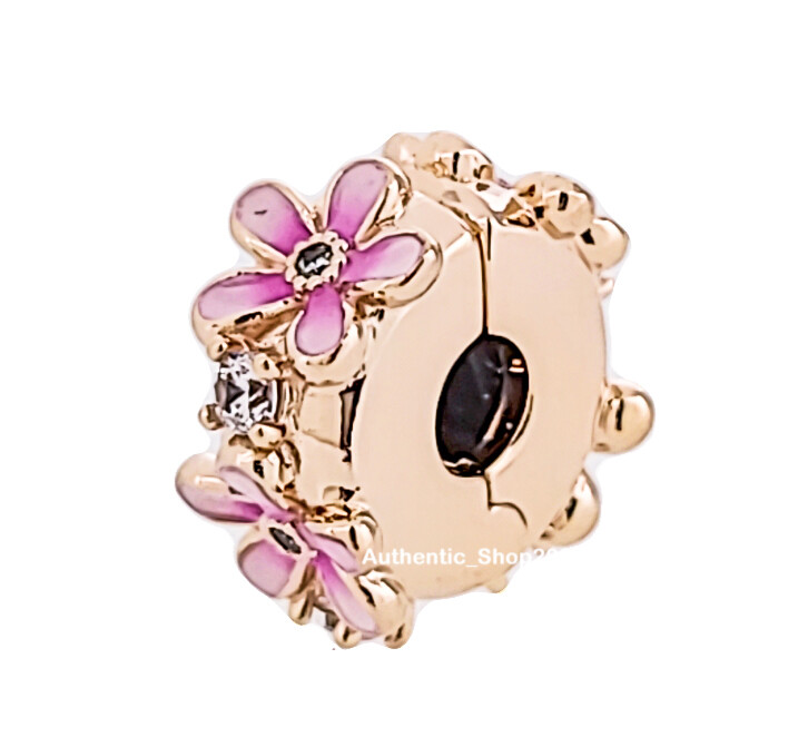 NEW 100% PANDORA Rose 14k Gold P Pink Daisy Spacer Clip Charm Pendant 788809C01