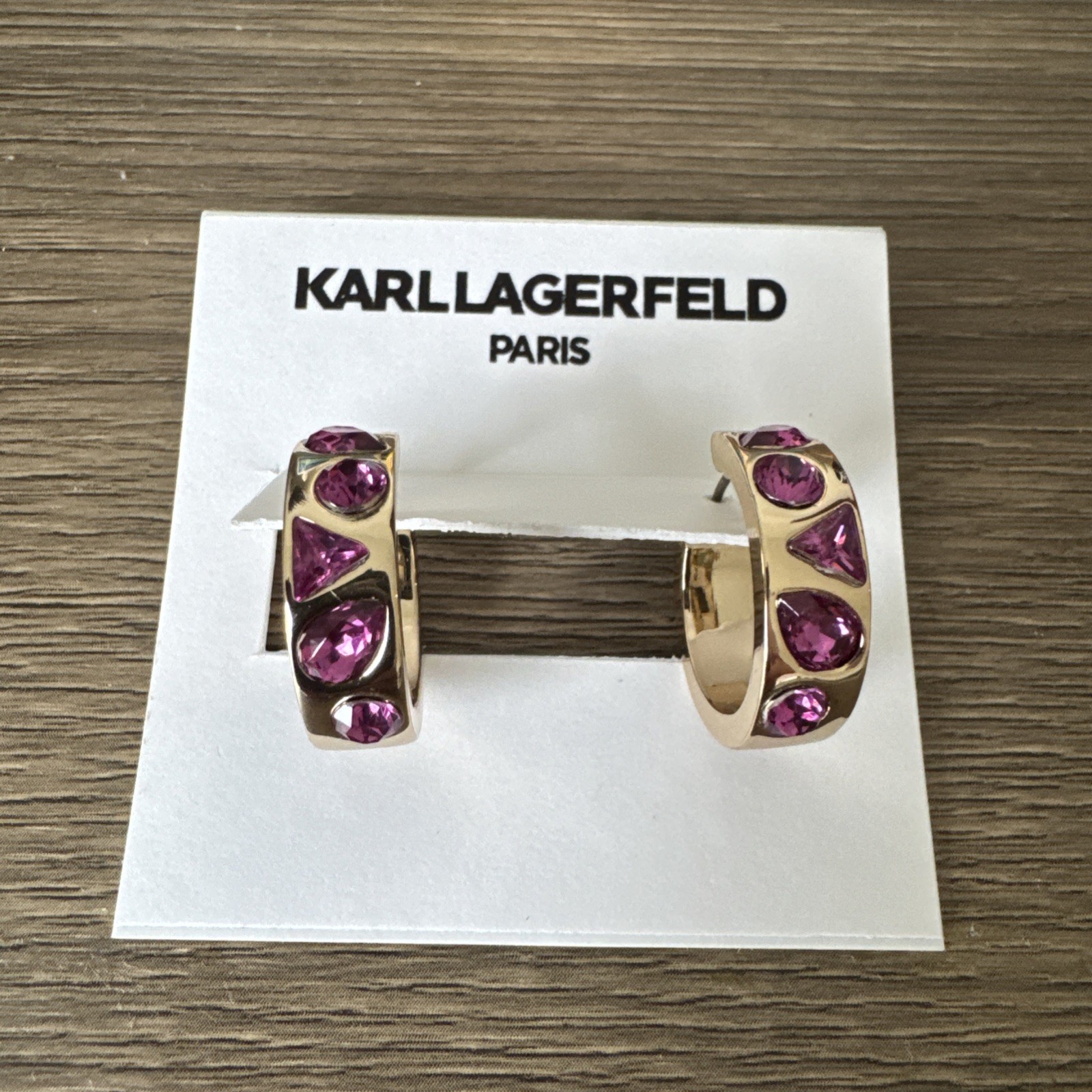 Karl Lagerfeld Paris Gold Tone Josephine Pink Crystal Hoop Earrings NWT