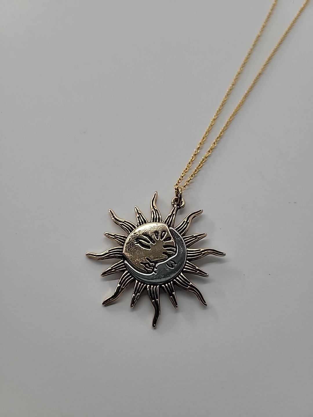 Sun Moon Necklace Gold Tone Celestial Face Pendant Boho Astrology Two Tone