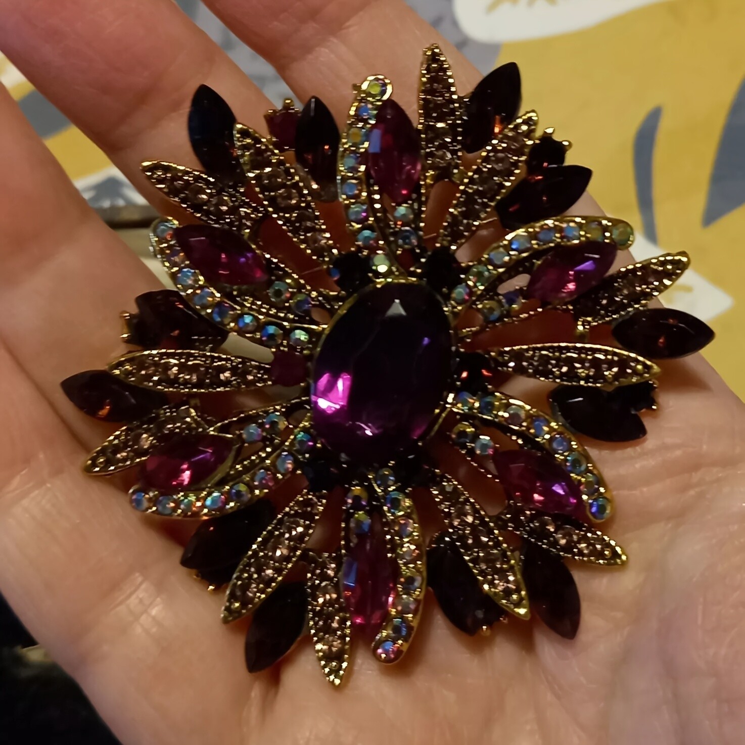 Vintage Style Large Sparkly Purple Flower Brooch Pin with Gemstones