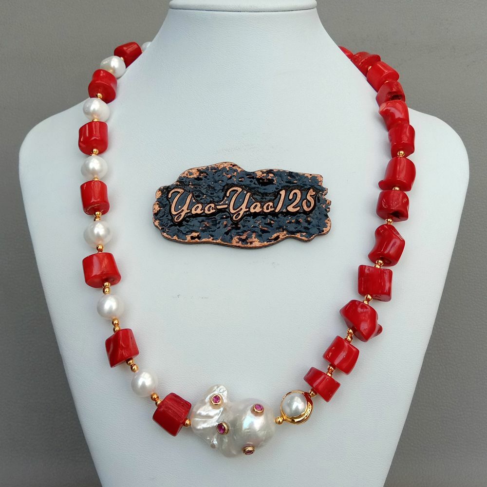 21″ Red Coral White Pearl Necklace White Keshi Pearl Cz pave Pendant