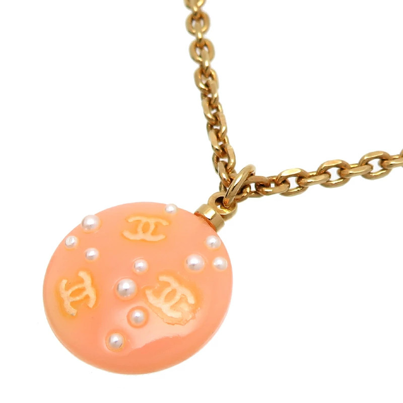 Chanel Cocomark Necklace Salmon Pink GP 16.7in, 0.7×0.9 in, Chain 0.1 in