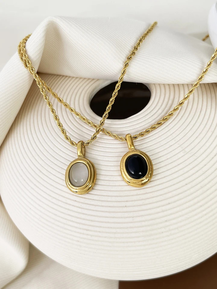 Oval Gem Stone Pendant Necklace Stainless Steel Gold Plated Twist Rope Jewelry