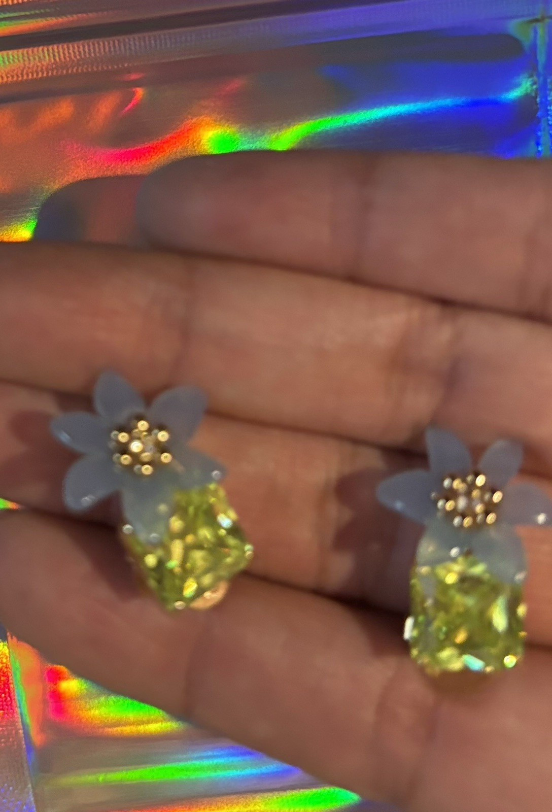 Yellow Cushion Crystal & Blue Flower Stud Earrings Butterfly Back Closure