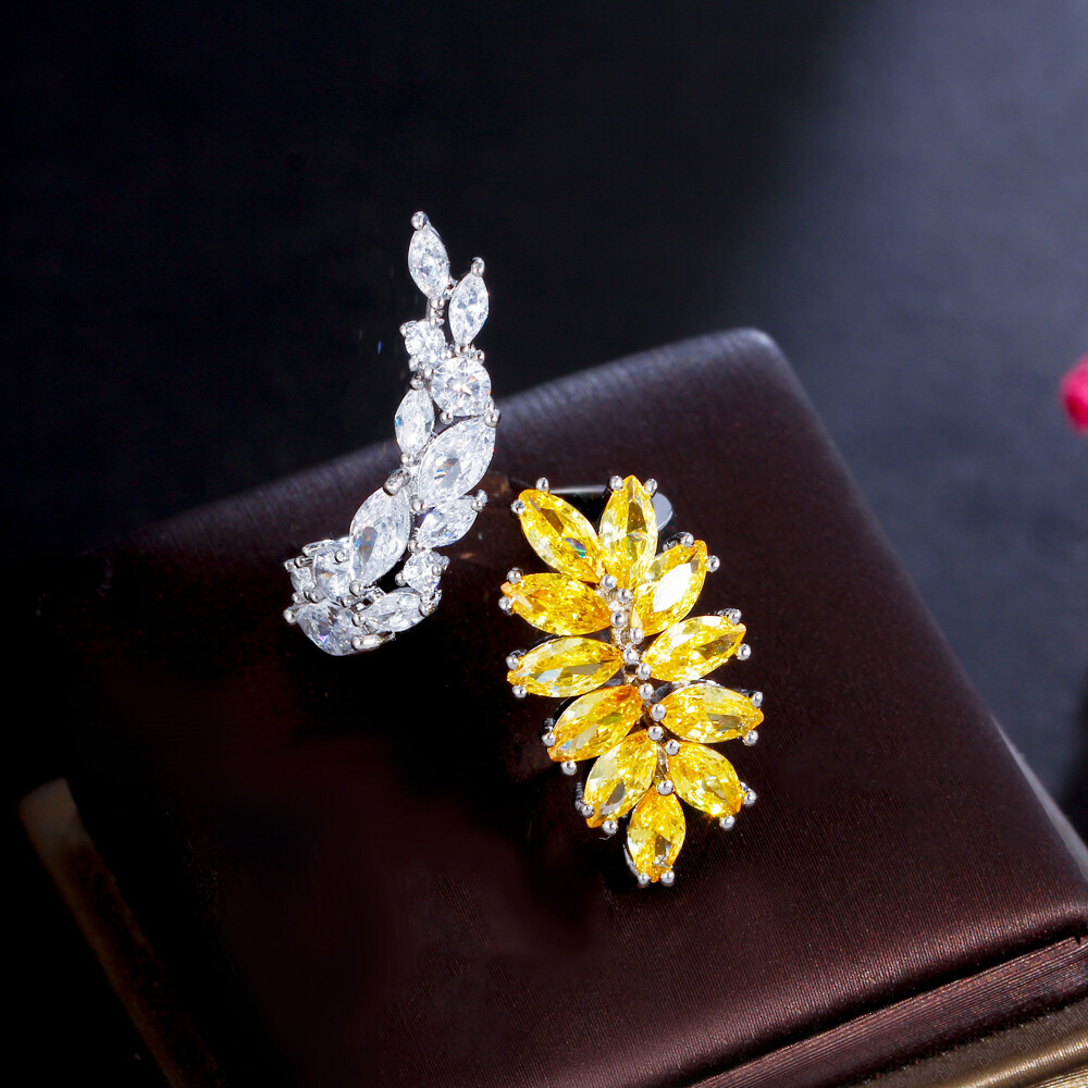 Marquise Silver Plated Yellow Cubic Zirconia Leaf Adjustable Open Cuff Wrap Ring