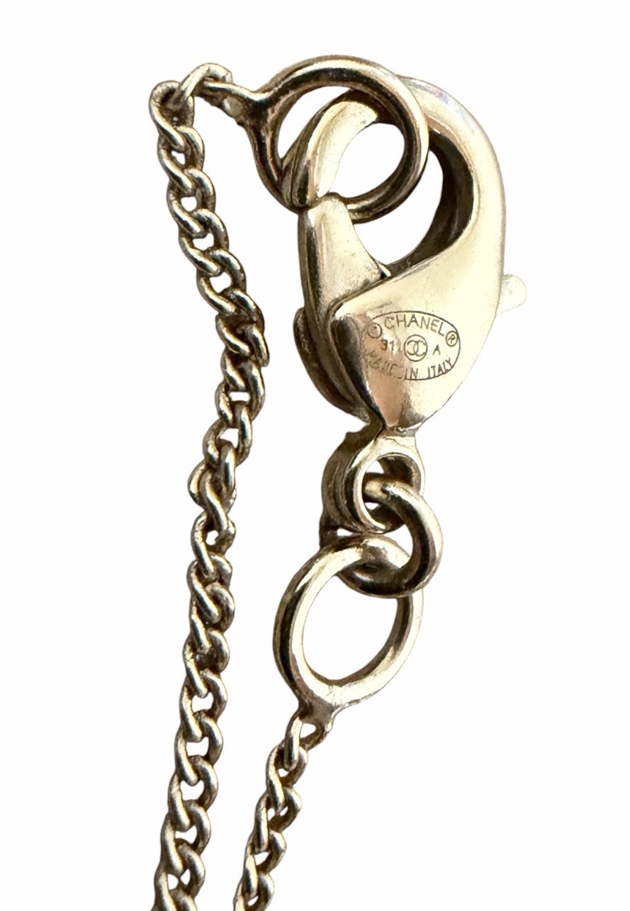 Auth Chanel Pendant Necklace CC Logo COCO Mark Rhinestone Vintage Gold Tone 11A