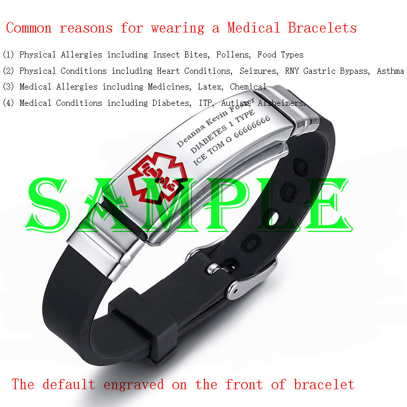 Free Engraving Medical Alert ID Women Men Kids Bracelet Black Silicone Wristband