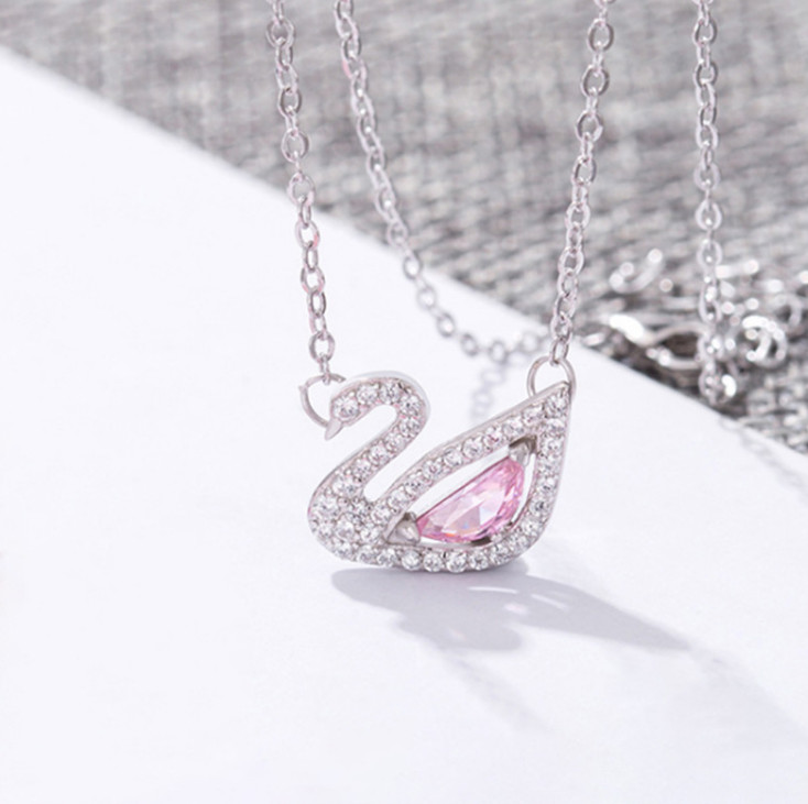 Women Girl 925 Sterling Silver Pink crystal swan pendant chain necklace gift E21