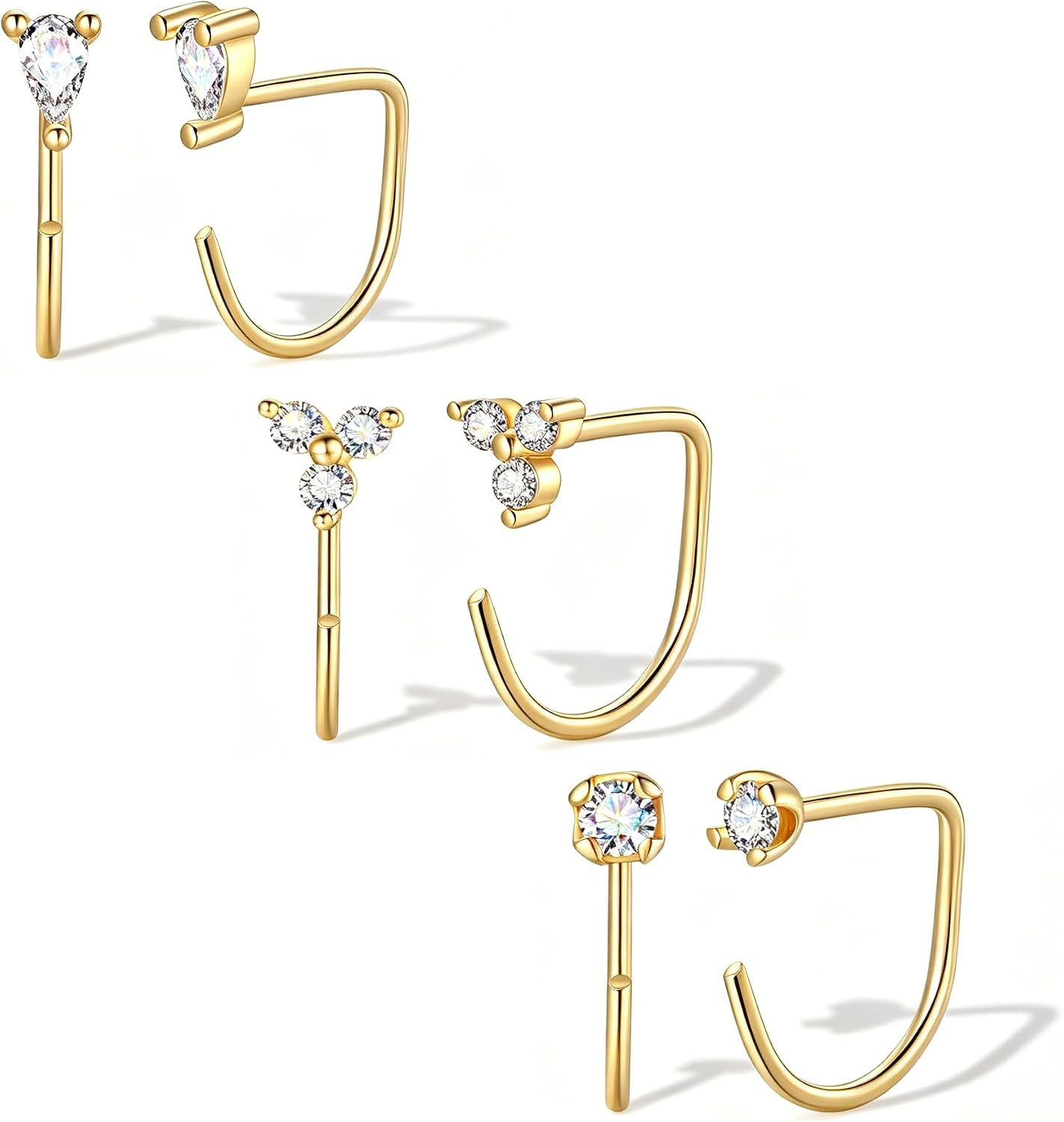 Backless Half Hoop Earrings for Women，3 Pairs 14K Gold Plated Stay Close No Back
