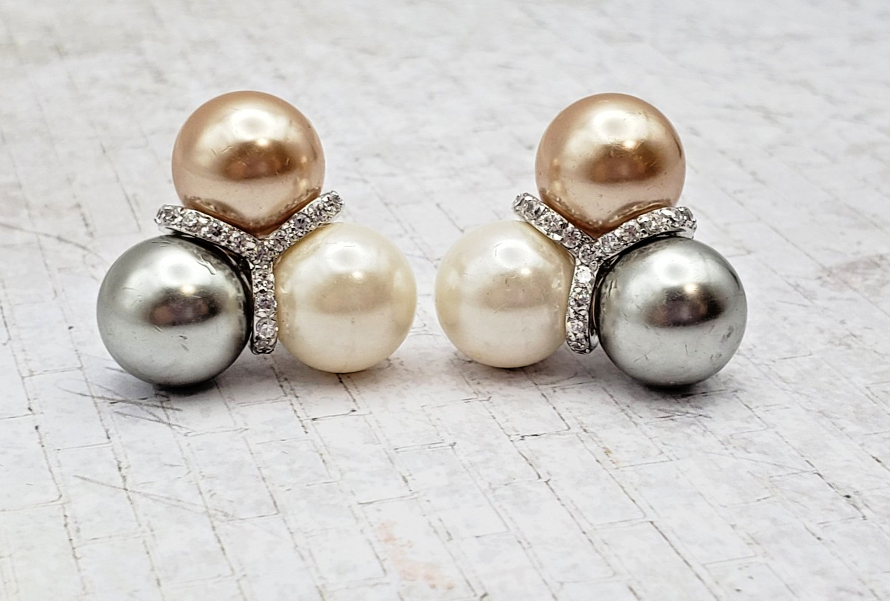 Vintage Silvertone Multi Color Faux Pearl & Crystal Large Cluster Pier Earrings