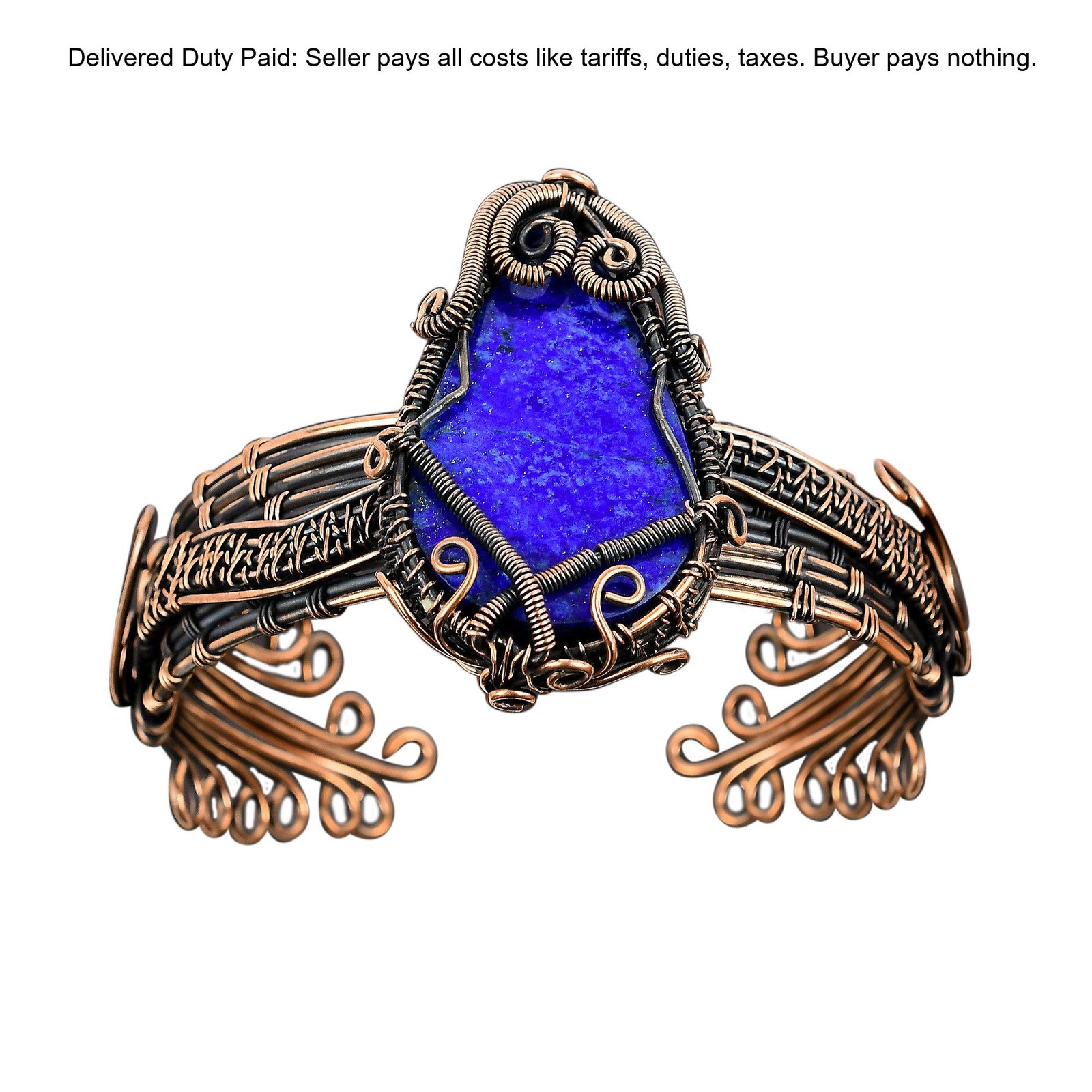 Copper September Lapis Lazuli Gemstone Wire Wrapped Handcrafted Bangle Jewelry