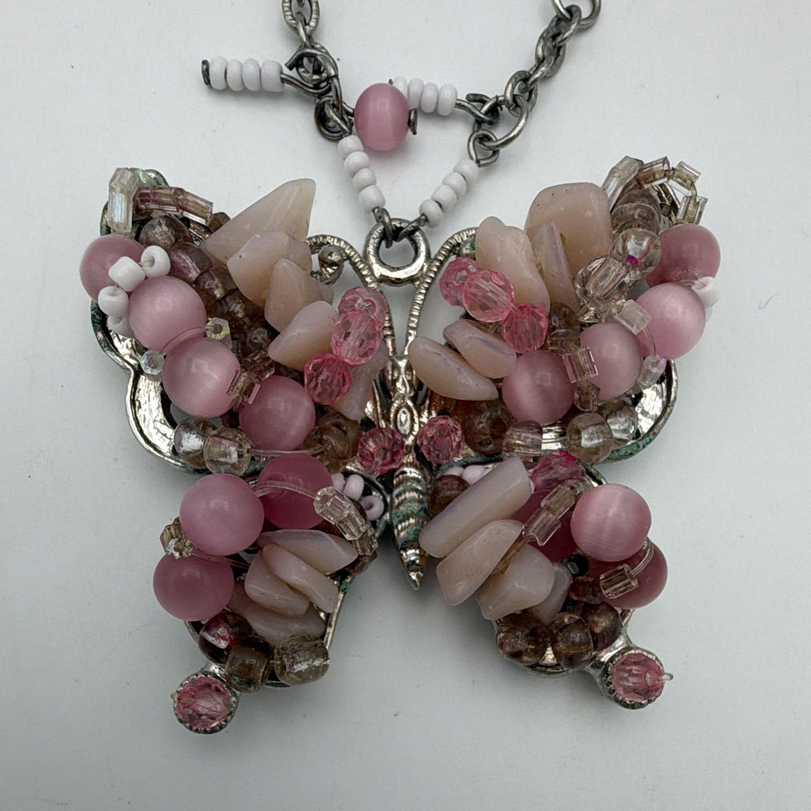 Pink Crystal Beaded Necklace Silver Tone Chain Butterfly Charm Lobster 18+3in