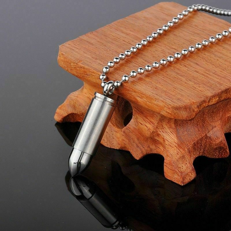 Cremation Stainless Steel Bullet Urn Necklace Ash Keepsake Memorial Pendant Mens