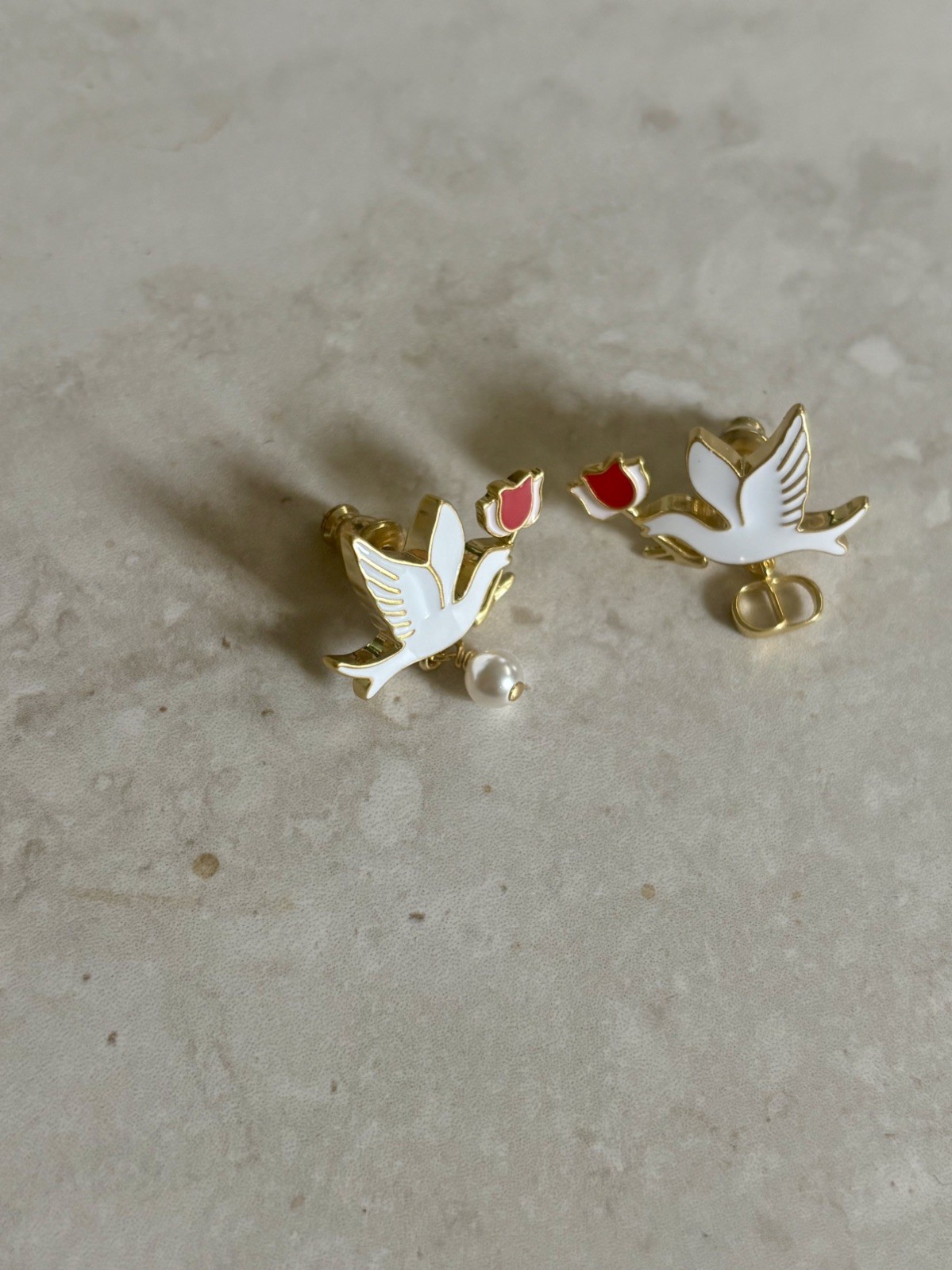 Dior Dioramour Doves & Roses Gold Plated and White Resin Pearl Earrings