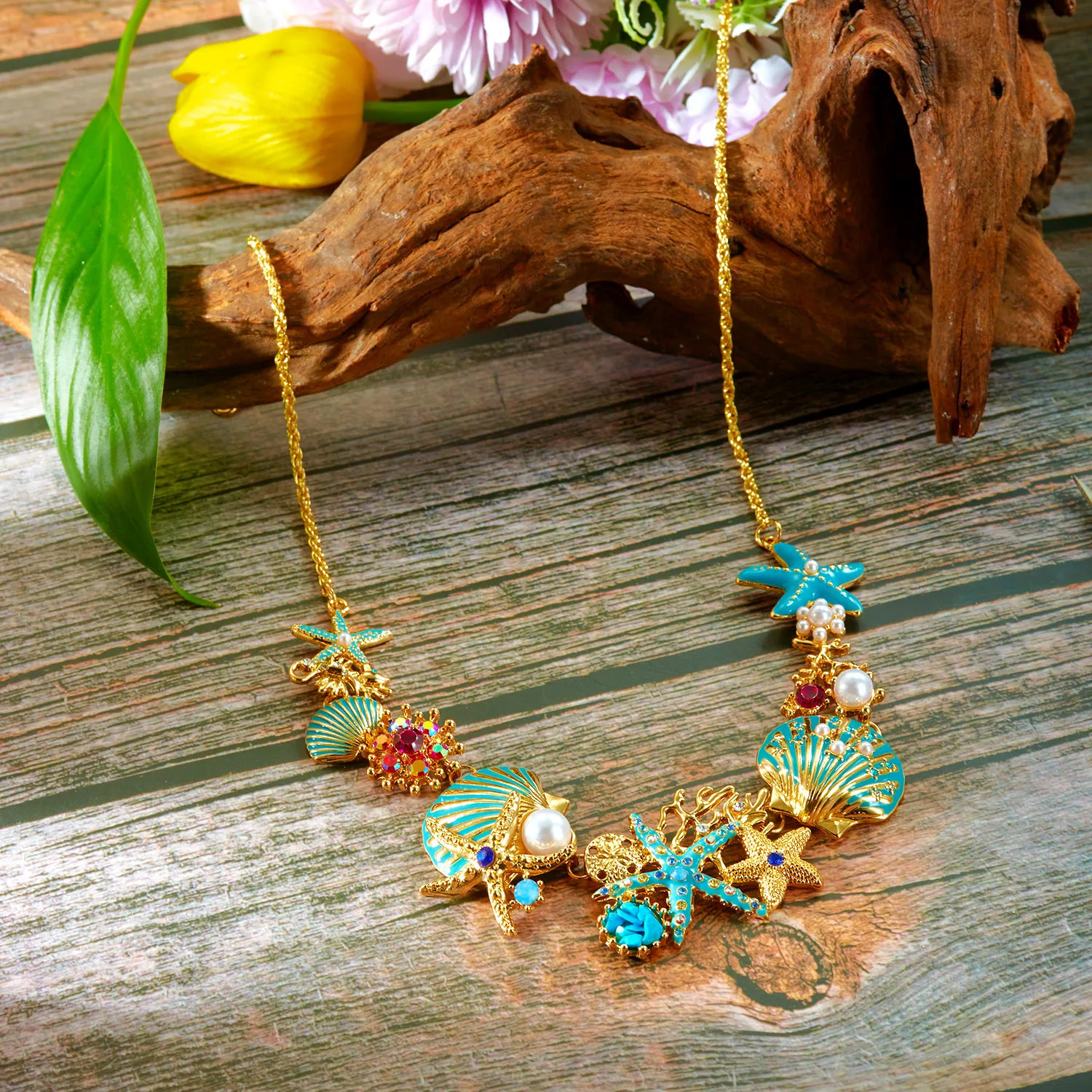 Boho Starfish Shell Coral Pearl Pendant Necklace For Women Shiny Crystal Zircon