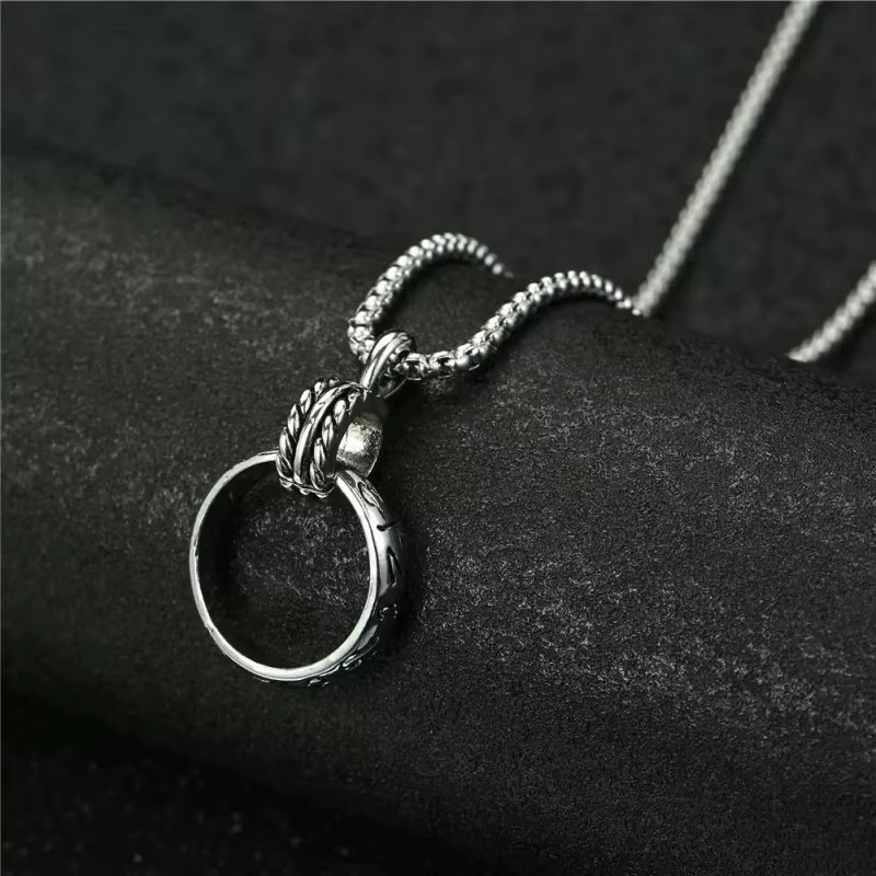 Double Ring Pendant Necklace Stainless Steel Carved Circle Street Retro Jewelry