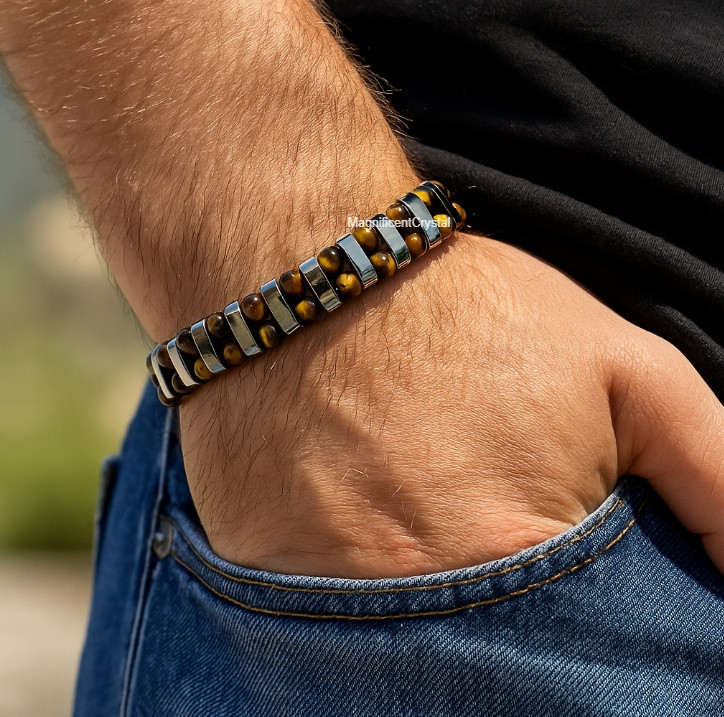 Premium Tiger’s Eye & Hematite Bracelet Genuine Stone Energy Men Jewelry Xmas