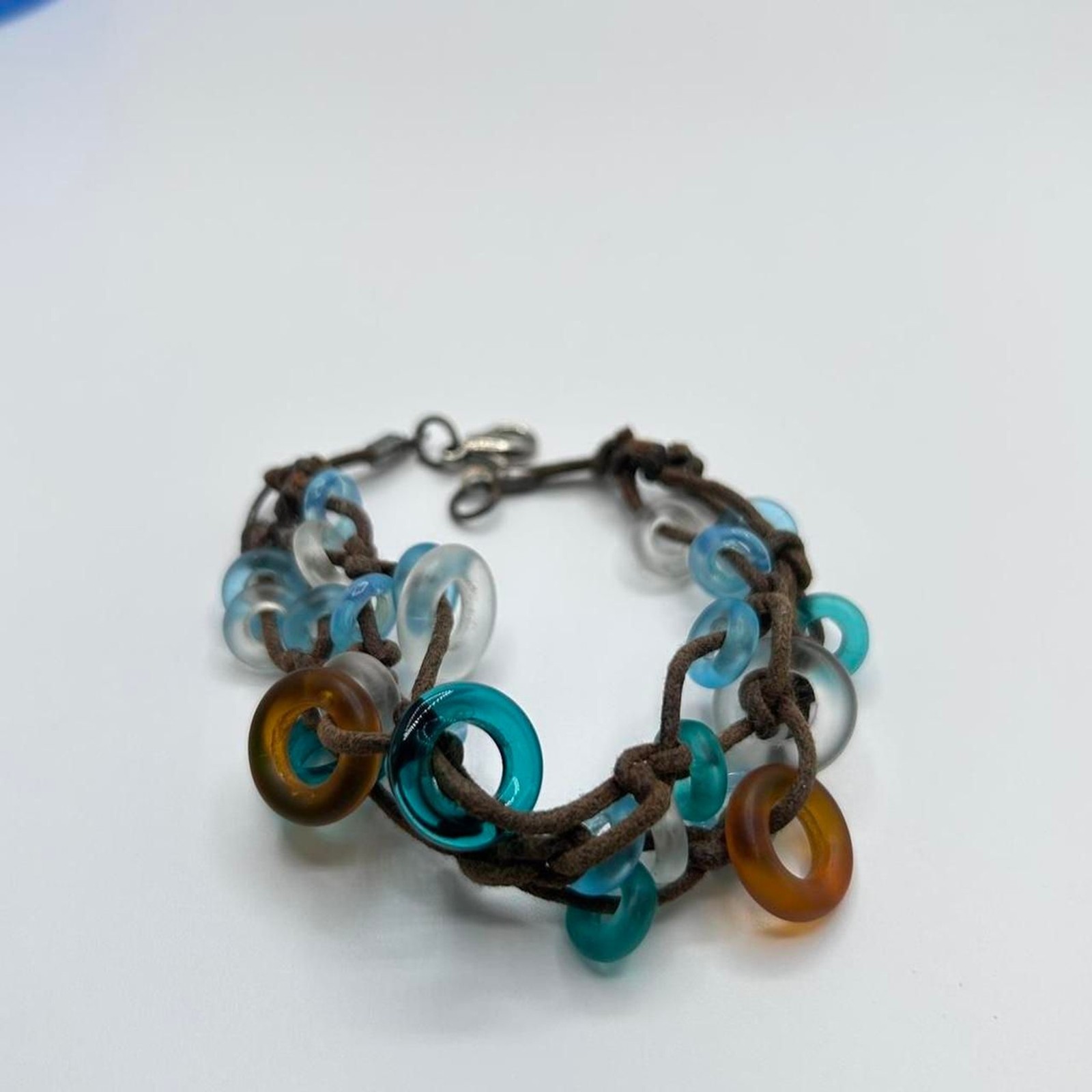 Boho Brown Cord Acrylic Ring Bracelet Blue Clear Amber Beaded Layered