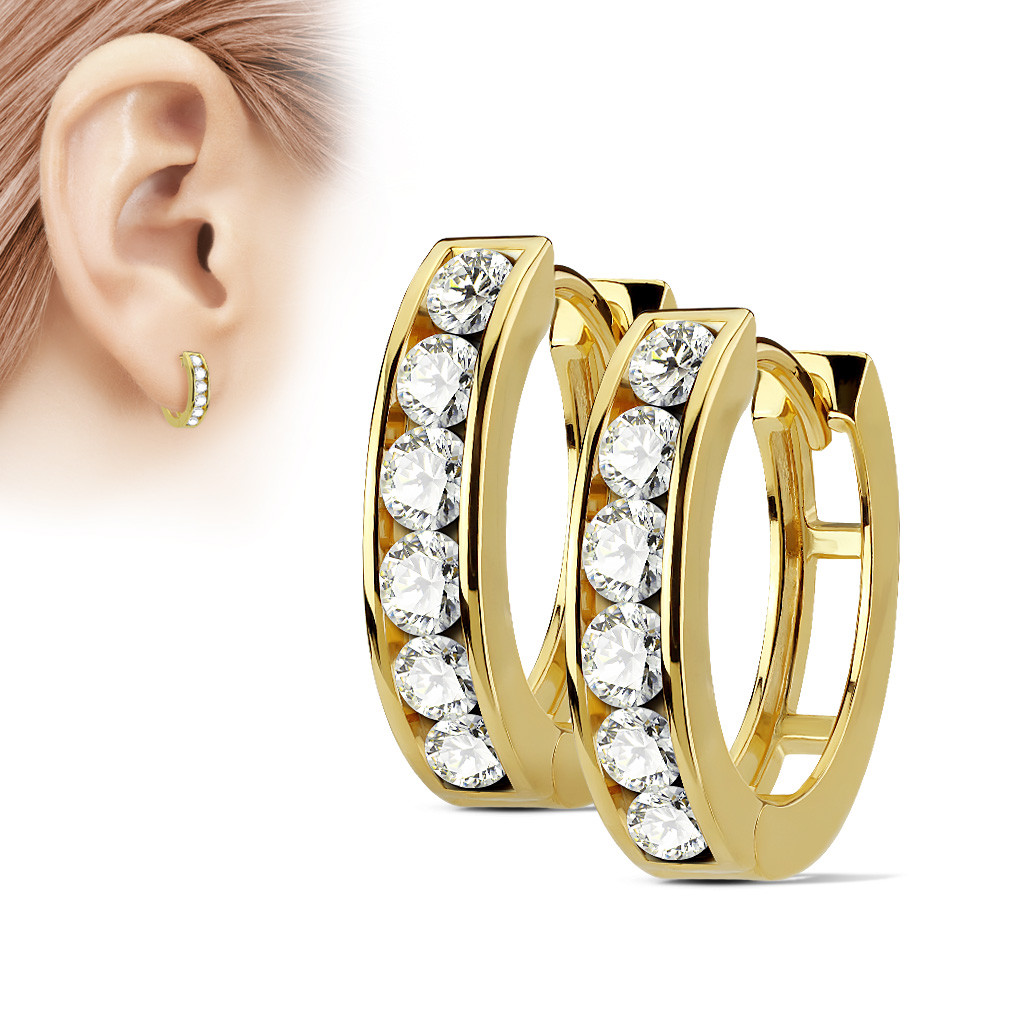 Unisex Channel Set Lined CZ 316L Surgical Steel Post Hoop Earrings