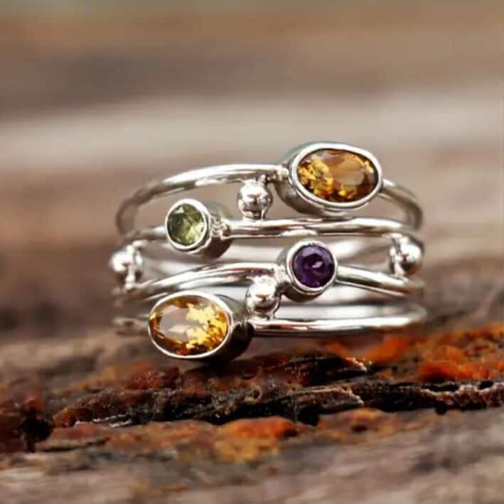 925 Sterling Silver Rainbow Citrine Amethyst Peridot Engagement Ring Size 7