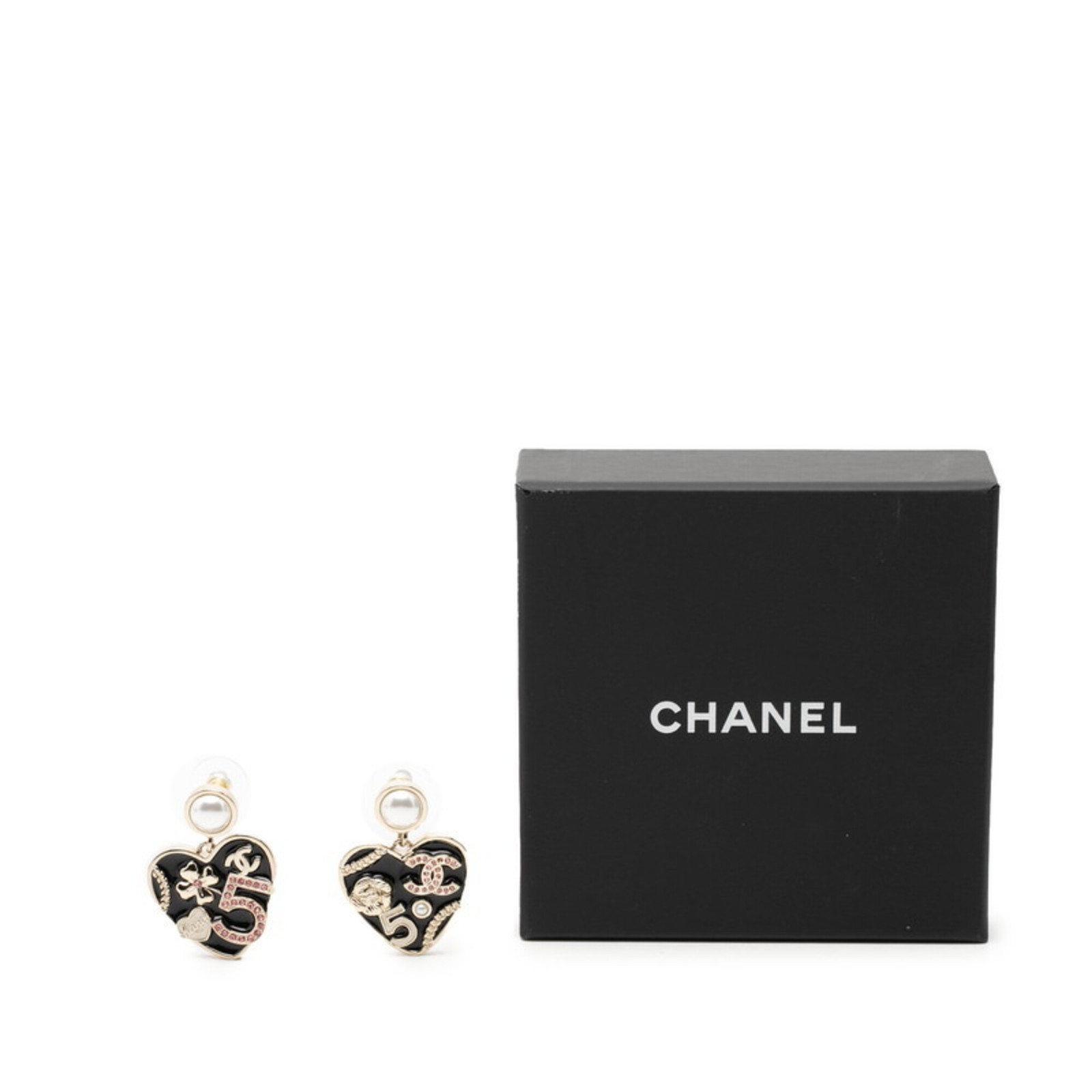 Chanel Coco Mark Camellia No. 5 Heart Motif Earrings Gold Black Pi… GZl1iegt
