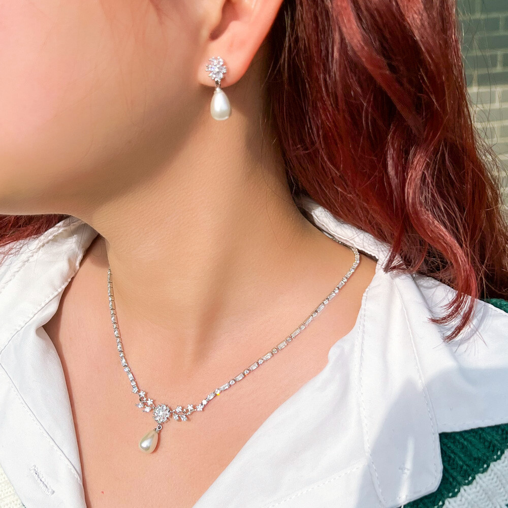 Top Silver Plated CZ Flower Leaf Tennis Pearl Drop Necklace Earrings Jewelry Set