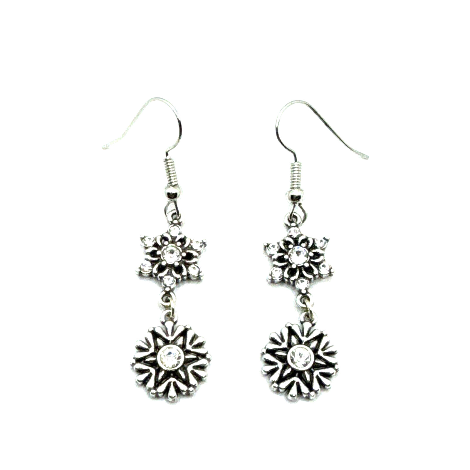 Brighton Arctica 2-Snowflakes Dangle Crystals Holiday Winter Silver Earrings