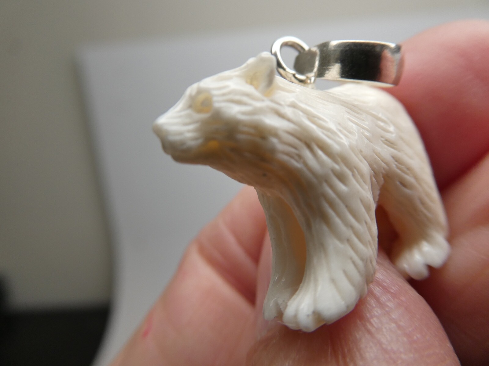 Polar Bear Sterling Silver 925 Carved Bubalus Bubalis Bone Pendant Necklace