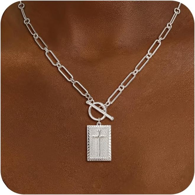 Cross Necklace for Women Trendy, Dainty 14K Gold Plated Paperclip Charm Necklace