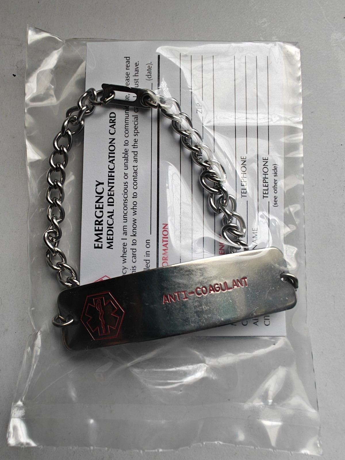 Anti-Coagulant Medical Bracelet, Engraved, Silver w/Emergency Medical IDCard