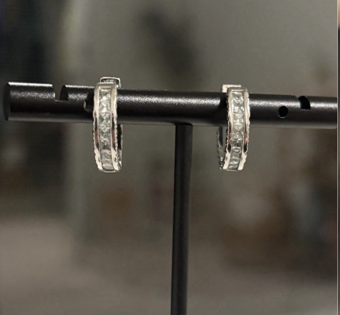 White Gold Plated CZ Huggie Hoop Earrings Princess Cut Channel Set, Minimalist