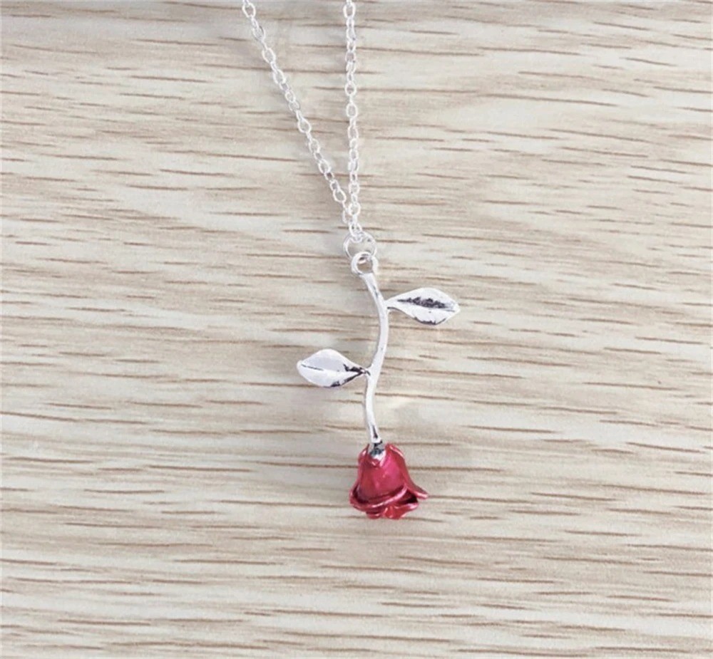 3D Rose Flower Pendant Necklace Beauty and the Beast Charm Boho Jewelry Gift Her