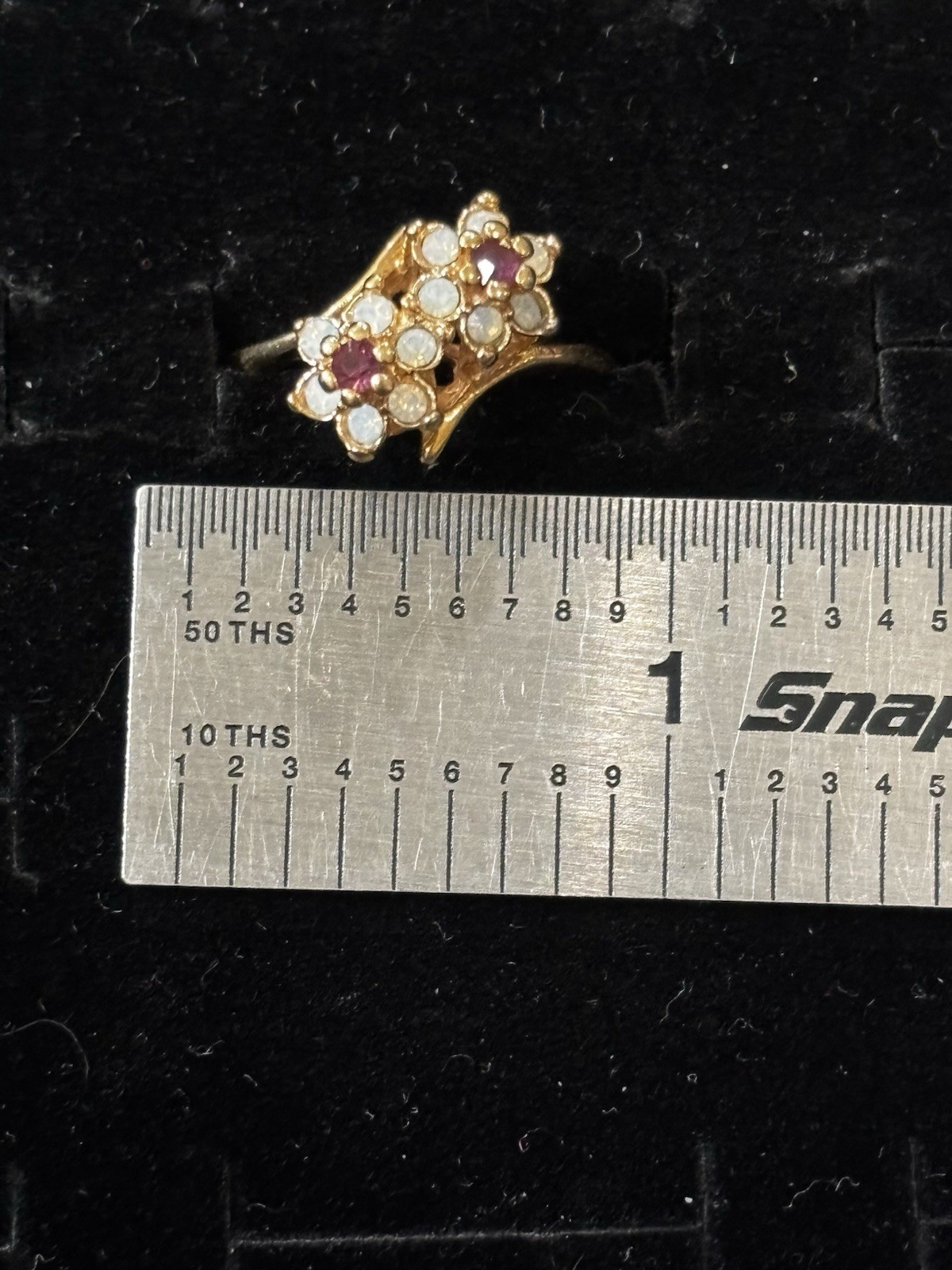 Size 7 Floral 18k Gold Electroplated Synthetic Opal Red Glass Cluster Ring