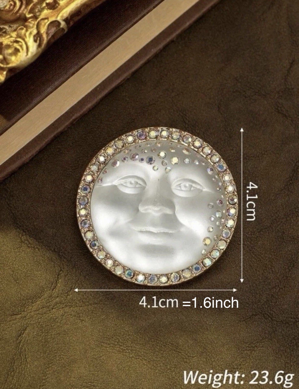 Rhinestone Frosted Foggy Moon Face Brooch Pin Beautiful Unique