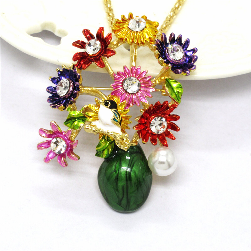 New Fashion Women Colorful Enamel Cute Flower Vase Crystal Pendant Necklace