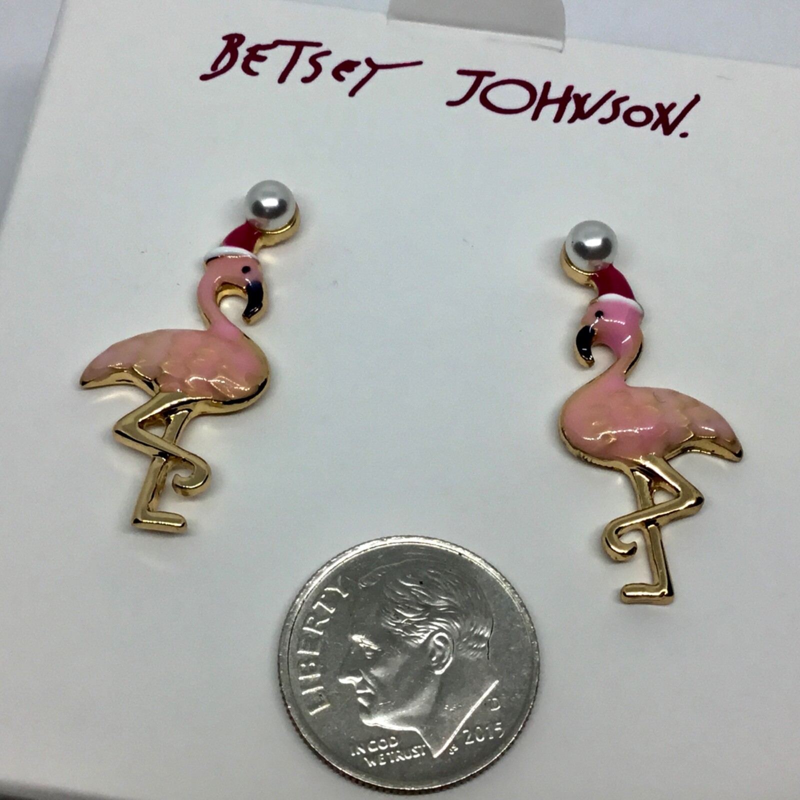 Betsey Johnson Signed Christmas Flamingo in Santa Hat Post Earrings NIB