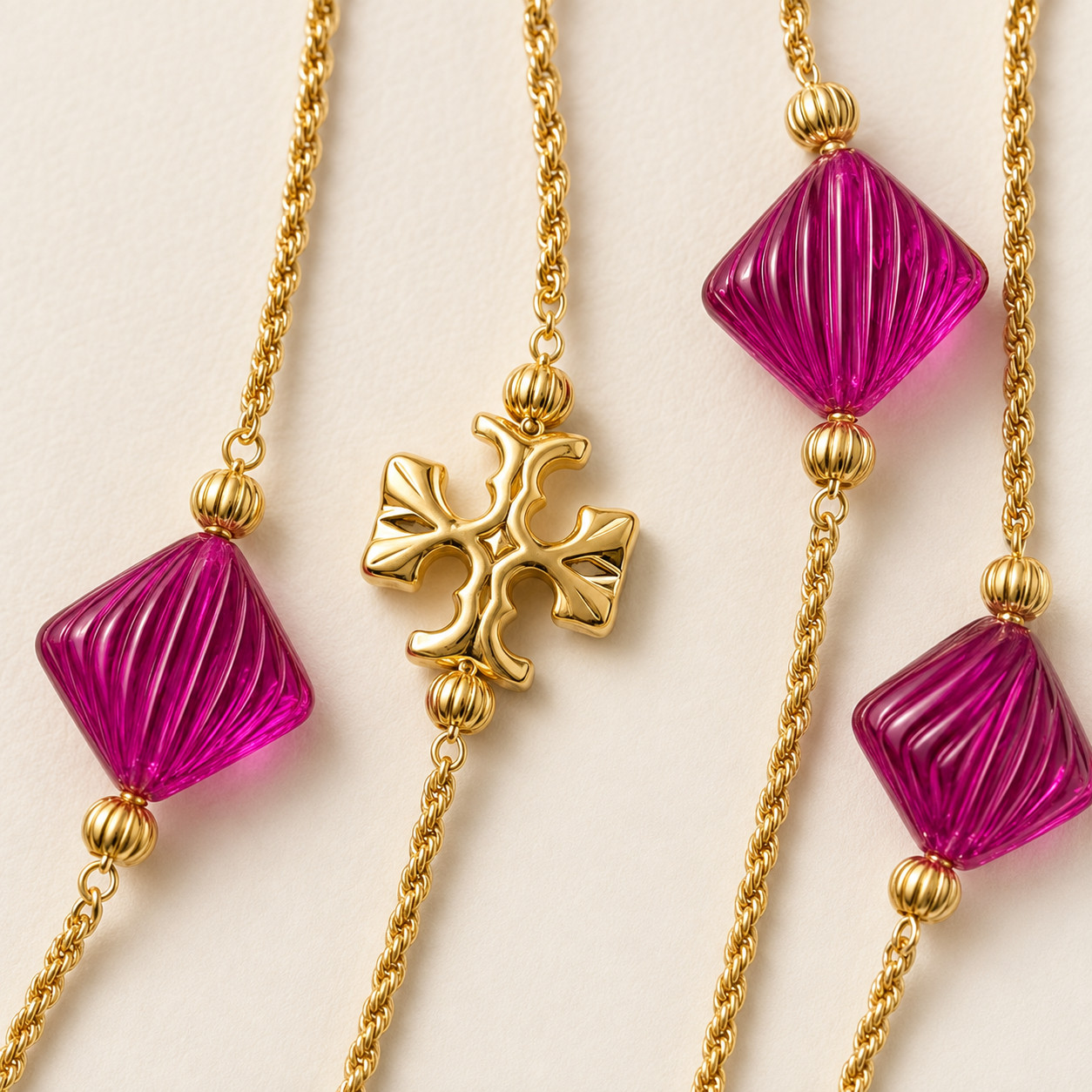 Tory Burch Roxanne Long Necklace Gold Tone Magenta Purple Resin Beads 105cm